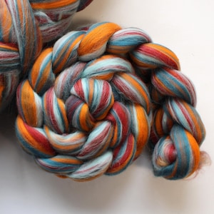 Ice and Fire Merino Blend Wool Combed Top Roving Dyed Wool Spinning Fiber Orange Turquoise Fall Autumn