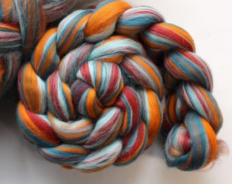 Ice and Fire Merino Blend Wool Combed Top Roving Dyed Wool Spinning Fiber Orange Turquoise Fall Autumn