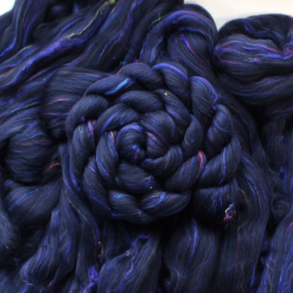 Navy Blue Merino Wool Sari Silk 'Dark Navy Blue Tweed' Custom Tweed Blend Combed Top Roving Spinning Fiber Fibre