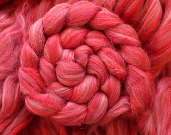 Recycled Wool Sari Silk Wool Blend 'Rekindled Fire' Wool Combed Top Roving Dyed Sustainable Wool Spinning Fiber Red Burgundy