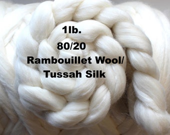 1lb 80/20 Rambouillet Wool / Tussah Silk Climate Beneficial Combed Top  Roving for Spinning for Dyeing Bare Handspinning Fiber White Pound