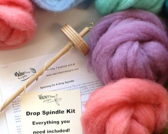 Drop Spindle Kit for Beginner w/ Carded Corriedale Wool Wood Whorl Handspinning Spindling Spinning Yarn Handspun Roving Fiber