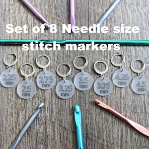 Set of 8 Needle size  Reminder MM Stitch Markers for Knitting Crochet Project Pattern Gauge Marker Gift Notion Metric