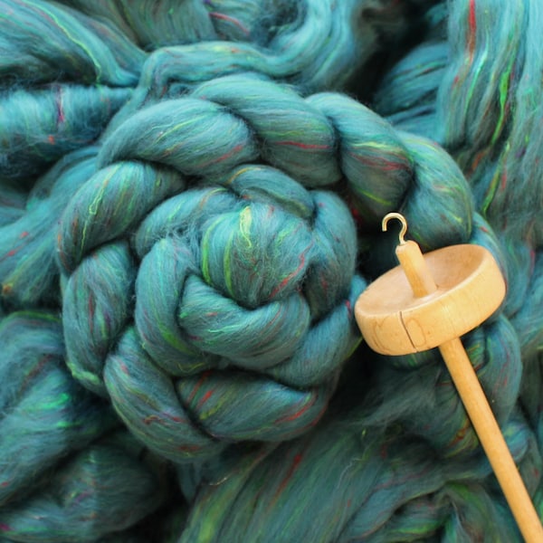 Green Teal Merino Sari Silk 'Mallard Tweed' Custom Tweed Blend Combed Top Roving Wool Spinning Fiber