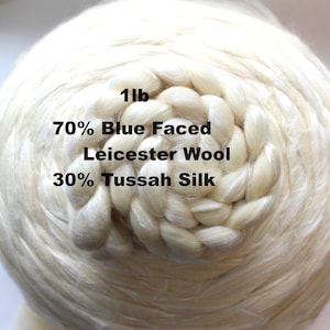 1lb 70/30 BFL Tussah Silk Top Undyed Roving for Spinning Dyeing Handspinning Blue Faced Leicester Wool Combed Top Bare White