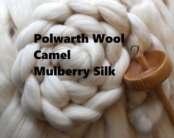 Polwarth Wool / Camel / Mulberry Silk 'Caffe Crema' 4 or 8oz Combed Top Bare Natural White Roving Undyed Wool Spinning Fiber for Dyeing Ecru