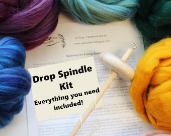 2oz Drop Spindle Kit for Beginner w/ Cheviot Wool Yarn Hand Spinning Handspun Roving Fiber Whorl