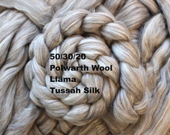 50/30/20 Polwarth Wool, Llama, Tussah Silk Blend Combed Top Undyed Bare Top Roving Wool for Spinning Dyeing Handspinning Fiber Vanilla Slice