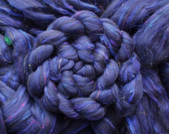 Navy Blue Merino Shetland Wool Sari Silk 'Dark Navy Merino Shetland Tweed' Custom Tweed Blend Combed Top Roving Spinning Fiber Fibre