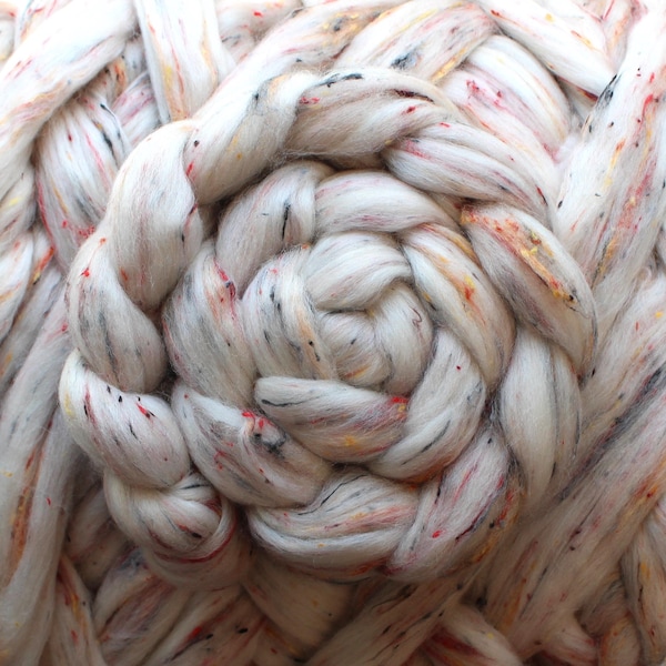 Polwarth Wool 'Spotted Pardalote' Tweed Combed Top Roving Dyed Wool Spinning Fiber Nep Ecru Undyed Orange Black