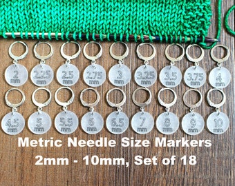 Metric Needle Size Set of 18 - 2mm to 10mm -  MM Stitch Markers for Knit Knitting Project Size Pattern Marker Stitchmarker Gift Notion