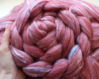 Polwarth Wool 'Indulgent Tart' Tweed Combed Top Roving Felting Dyed Wool Spinning Fiber Nep Burgundy Red