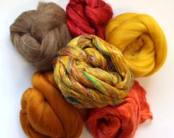 Wool Blend Sampler Pack 'Autumn Equinox' Variety Corriedale Mulberry Silk Combed Top Roving Dyed Felting Spinning Fiber Orange Fall Autumn