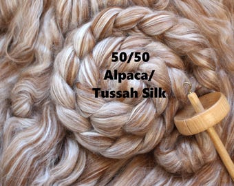 50/50 Alpaca, Tussah Silk Blend 4oz Combed Top Undyed Luxury Bare Top Roving Wool for Spinning Handspinning Fiber Brown Espresso
