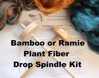 Bamboo or Ramie Nettle Plant Fiber Drop Spindle Kit for Beginner w/ Fiber Top Whorl Cellulose Yarn Spinning Handspun Roving Yarn