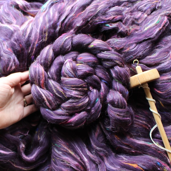 3.5oz Merino Shetland Sari Silk 'Tweed Eggplant' Custom Tweed Blend Combed Top Roving Spinning Fiber Purple Aubergine