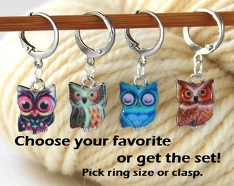 Owl Stitch Marker Set of Silver Knitting Enamel Stitchmarker Crochet Gift Knitter's Helper Removeable Charms to Mark Stitches Knitting Gift