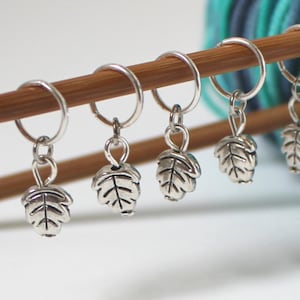 5 Stitch Marker Leaf Set of Silver Knitting Stitchmarker Charms to Mark Stitches Knitting Gift