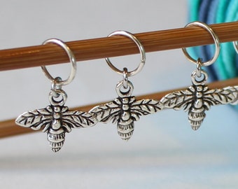 5 Stitch Marker Honeybee Set of Silver Stitchmarker Knitting Charms to Mark Stitches Bee Bumble Bee