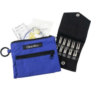 May include: A blue zippered pouch with the brand name "Chiaogoo" and a black ring attached. The pouch contains knitting needles, a ruler, and other tools. A black case with multiple metal knitting needles is open next to the pouch.