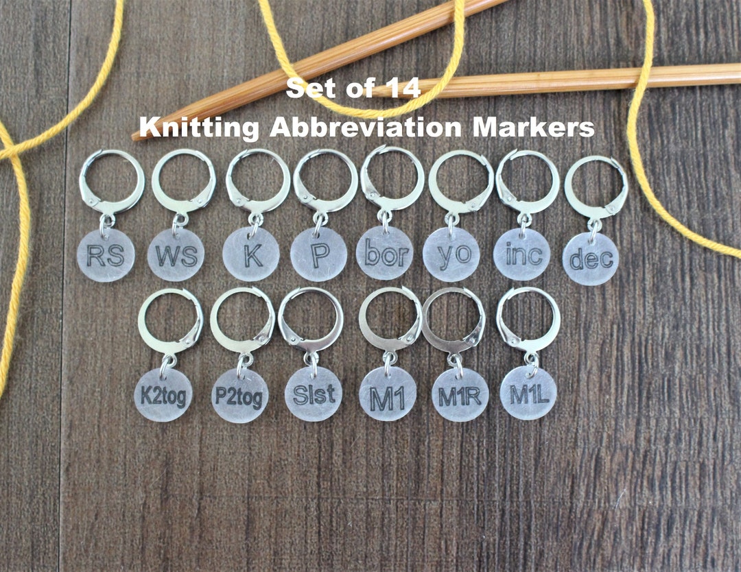 Set of 14 Knitting Abbreviation Stitch Markers Knitters Helper Pattern