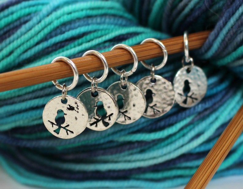 5 Stitch Marker Bird Set of Silver Knitting Stitchmarker Robin Charms to Mark Stitches Crochet Crocheter Gift Pattern Helper image 2