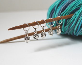 5 Stitch Marker Leaf Set of Silver Knitting Stitchmarker Charms to Mark Stitches Knitting Gift