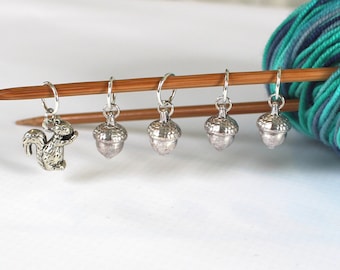 5 Stitch Marker Squirrel Acorn Silver Stitchmarker Knitting Charms to Mark Stitches Nut Removeable Knit Crochet Gift Gifts