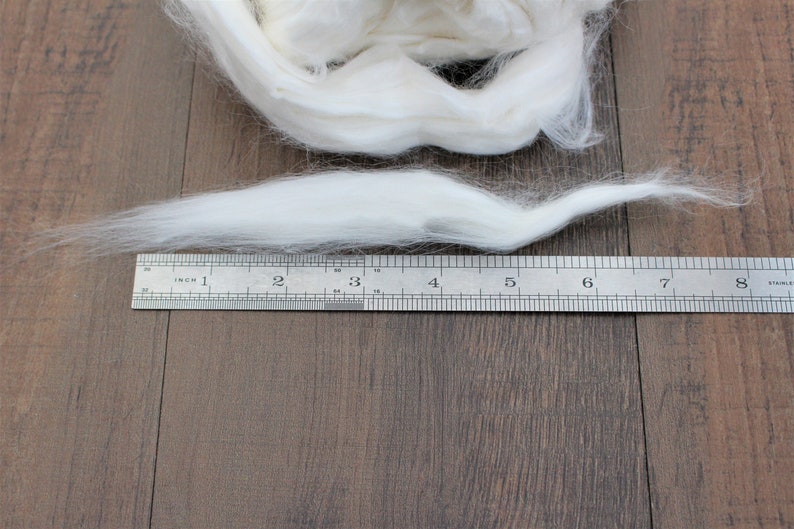 Puede incluir: Una fibra blanca y esponjosa medida con una regla. La fibra mide aproximadamente 17,8 cm de largo.