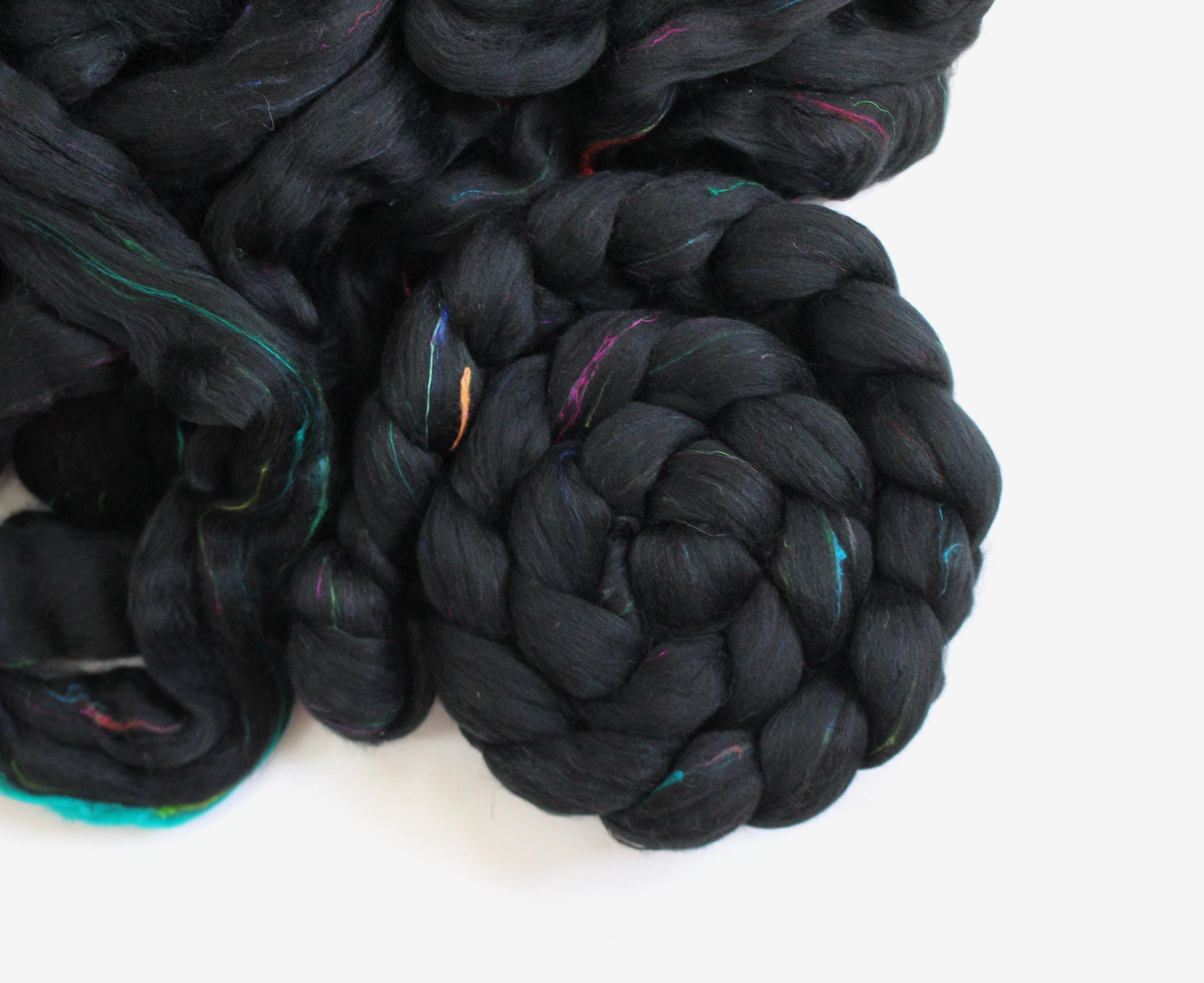 Black Merino Wool Sari Silk 'Cauldron' 4oz Custom Tweed Blend Combed Top Roving Spinning Fiber Halloween