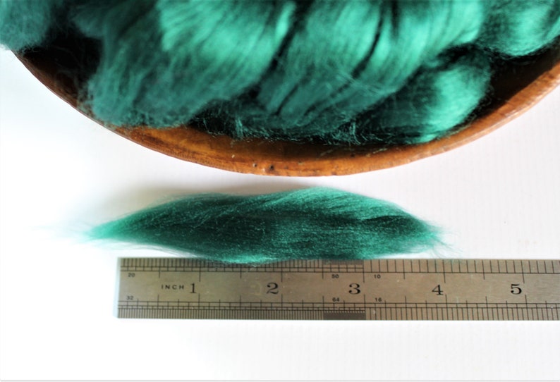 May include: A close-up of a teal green wool roving laid out next to a ruler. The roving is about 3 inches long.