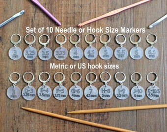 Set of 10 Needle size Crochet Hook Reminder Popular Sizes Stitch Markers for Crocheted Project Pattern Marker Gift Crocheter Notion Metric