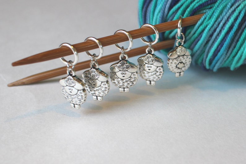 5 Stitch Marker Sheep Set of Silver Stitchmarker Knitting Crochet Charms to Mark Stitches Stitch Marker image 4