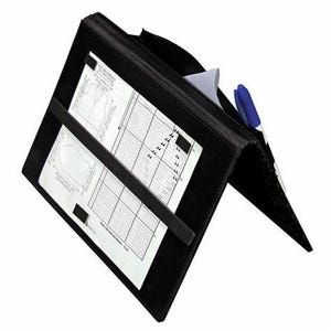 May include: Black leatherette clipboard with a pen holder and a metal clip. The clipboard holds a sheet of paper with a graph and a blue pen. The clipboard is open and angled.
