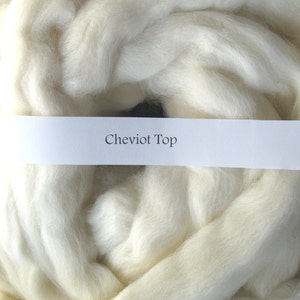 May include: A close-up of a white Cheviot wool top. The wool is soft and fluffy, and it is perfect for spinning or felting.