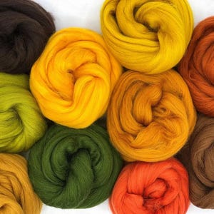 Merino Wool Sampler Pack 'Autumn Leaves' Variety Combed Top Roving Dyed Wool Spinning Fiber Fall Autumn Orange Brown Green Yellow