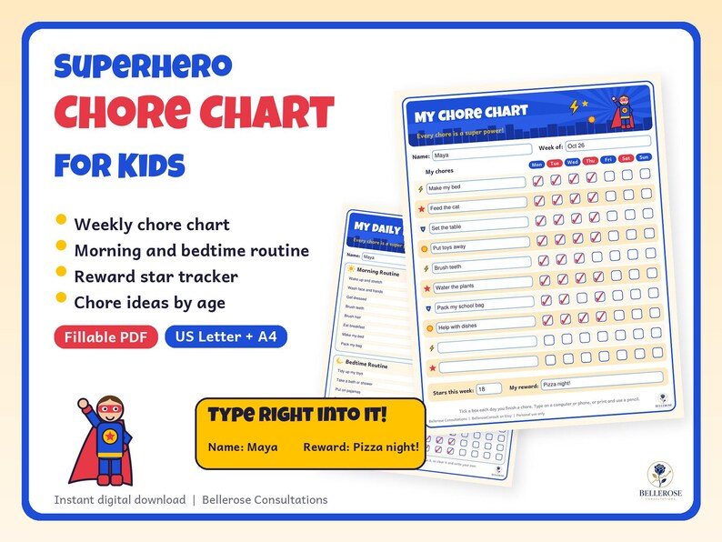 Superhero Chore Chart for Kids, Fillable PDF, Editable Hero Chore Chart ...