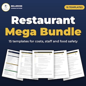 Restaurant-Vorlagen-Megapaket, 15 Vorlagen, Lebensmittelkosten, Gewinn- und Verlustrechnung, Personalplan, Inventar, Menügestaltung, Lebensmittelsicherheitsprotokolle