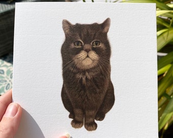 May include: A square greeting card featuring a detailed illustration of a brown cat with a serious expression. The cat is centered on a white background, held by a hand. The card is outdoors with purple flowers and greenery in the background.