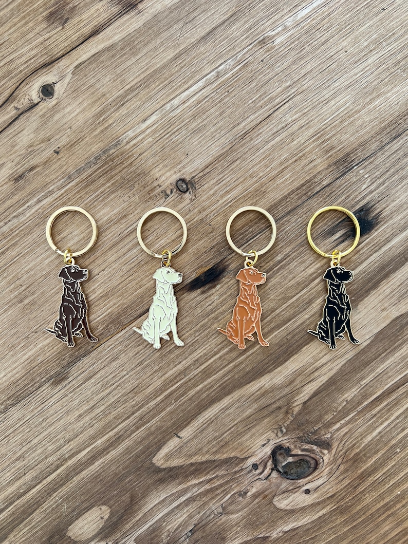 Puede incluir: Cuatro llaveros con forma de perro en varios colores: marr&oacute;n oscuro, blanco roto, marr&oacute;n claro y negro. Cada llavero tiene un anillo dorado. Los llaveros est&aacute;n colocados sobre una superficie de madera.