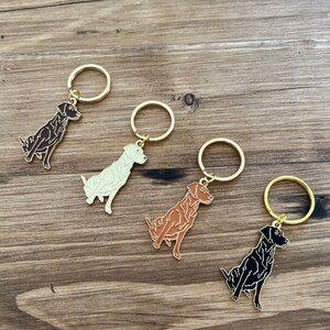 Puede incluir: Cuatro llaveros con forma de perro en varios colores: marr&oacute;n, crema, marr&oacute;n claro y negro. Cada llavero tiene un anillo dorado. Los llaveros est&aacute;n colocados sobre una superficie de madera.