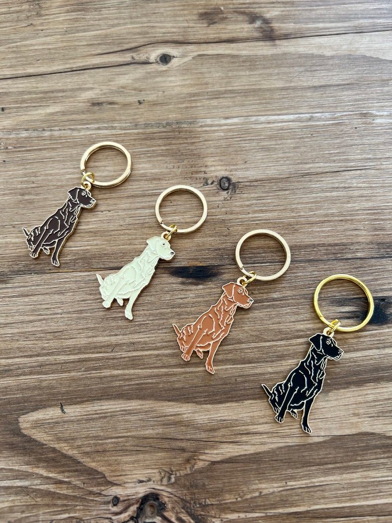 Puede incluir: Cuatro llaveros con forma de perro en varios colores: marr&oacute;n, crema, marr&oacute;n claro y negro. Cada llavero tiene un anillo dorado. Los llaveros est&aacute;n colocados sobre una superficie de madera.