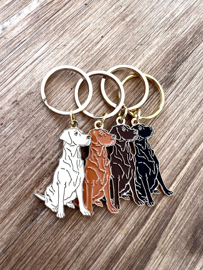 Puede incluir: Cuatro llaveros con forma de perro en blanco, marr&oacute;n, marr&oacute;n oscuro y negro, cada uno con un llavero dorado. Los llaveros est&aacute;n dispuestos en fila, sobre una superficie de madera.
