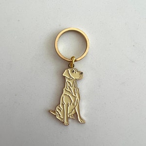 Puede incluir: Un llavero de metal dorado con la silueta de un perro sentado. El perro es de color crema con contornos dorados, sujeto a un anillo dorado. Un accesorio sencillo y elegante.