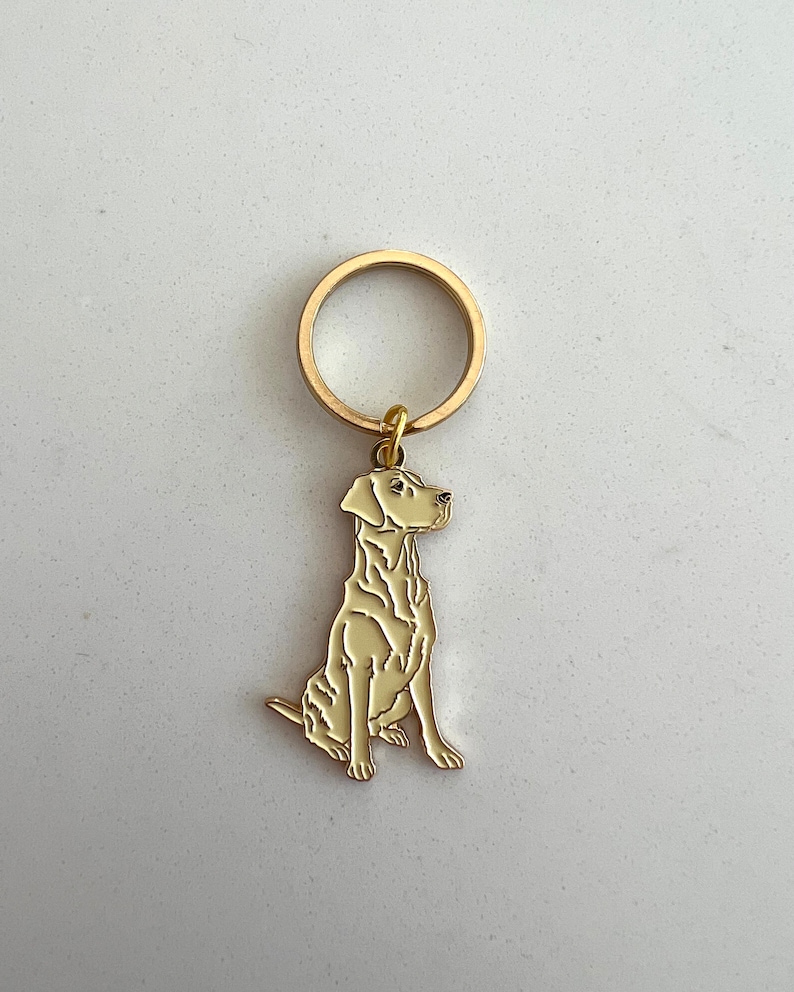 Puede incluir: Un llavero de metal dorado con la silueta de un perro sentado. El perro es de color crema con contornos dorados, sujeto a un anillo dorado. Un accesorio sencillo y elegante.