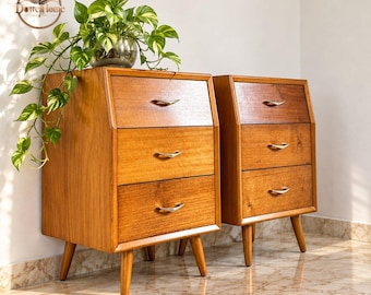 May include: Two matching wooden bedside tables, each featuring three drawers with silver-toned metal pulls. The furniture pieces have a warm brown finish, tapered legs, and a slightly angled front frame. A green potted plant sits on top.