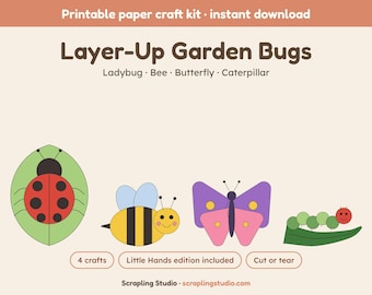 Activités familiales sur les insectes du jardin : 4 bricolages en papier à imprimer (standard et pour les petites mains), coccinelle, abeille, papillon, chenille, à découper et coller