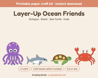 Utilizzo in classe - Stratifica gli amici dell'oceano: 4 lavoretti di carta stampabili (standard + manine dei più piccoli), polpo, squalo, tartaruga marina, granchio da ritagliare e incollare
