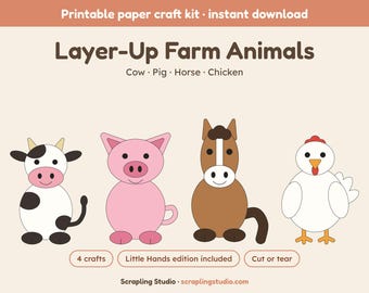 Animali da fattoria da creare a strati per tutta la famiglia: 4 lavoretti di carta stampabili (standard + manine piccole), mucca, maiale, cavallo, gallina, da ritagliare e incollare.