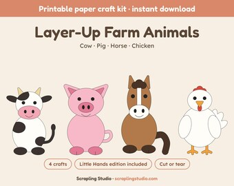 Animali della fattoria da stratificare per l'uso in classe: 4 lavoretti di carta stampabili (standard + manine piccole), mucca, maiale, cavallo, pollo, da ritagliare e incollare.